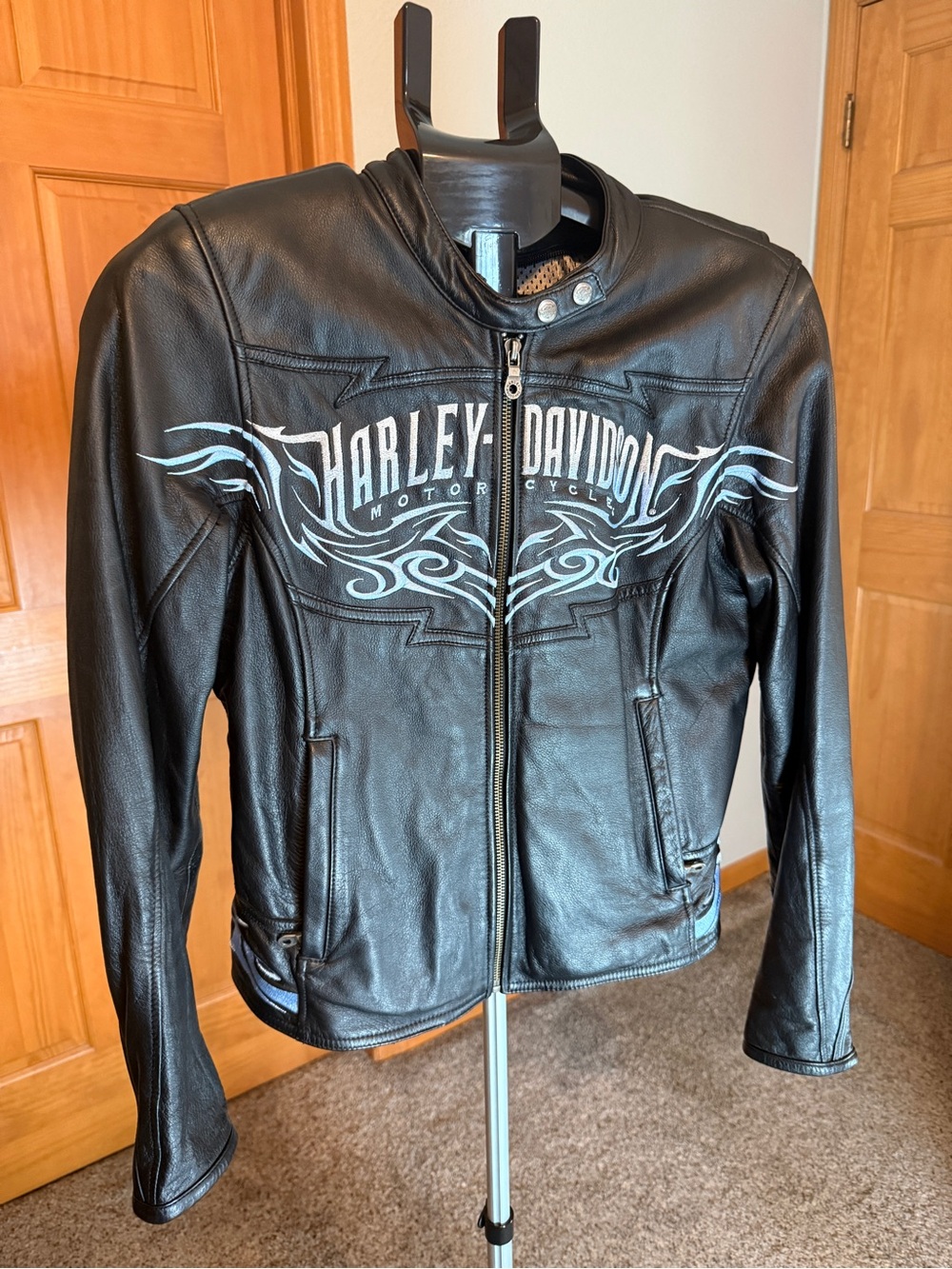 Harley-Davidson Black Leather Jacket with Light Blue Graphic